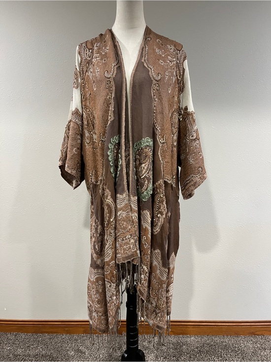 Soft Surroundings Tops - Soft Surroundings Brown Paisley beaded sequins Fringe Kimono